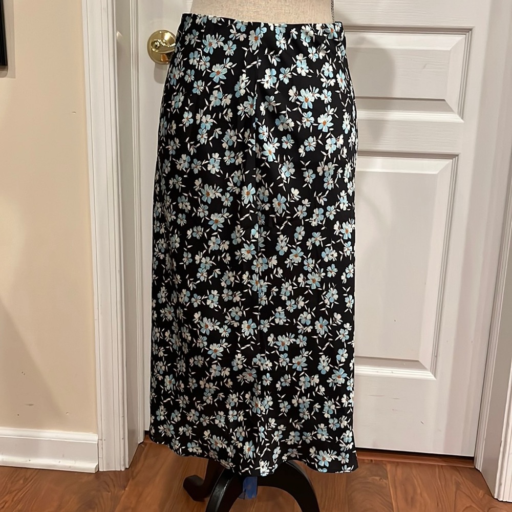 Aqua floral silk midi skirt
